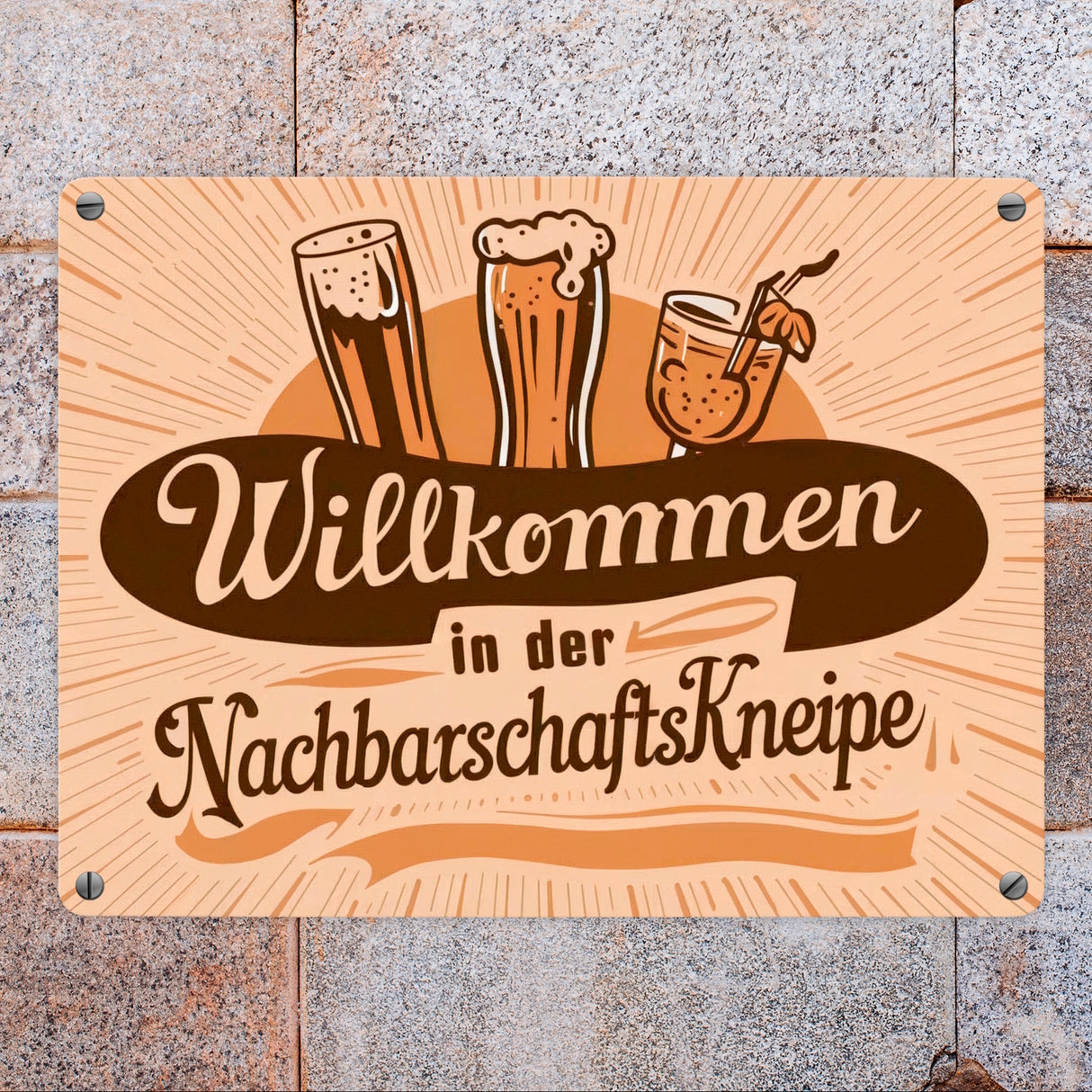 Bier Wein und Cocktail Metallschild in 15x20 cm - Willkommen in der Nachbarschaftskneipe