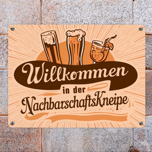 Bier Wein und Cocktail Metallschild in 15x20 cm - Willkommen in der Nachbarschaftskneipe