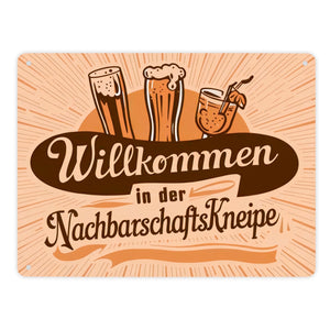 Bier Wein und Cocktail Metallschild in 15x20 cm - Willkommen in der Nachbarschaftskneipe