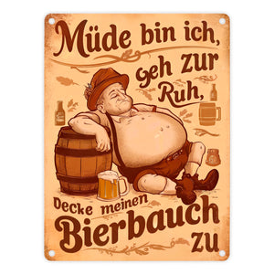 Mann mit Bierbauch Metallschild in 15x20 cm mit Spruch Müde bin ich geh zur Ruh