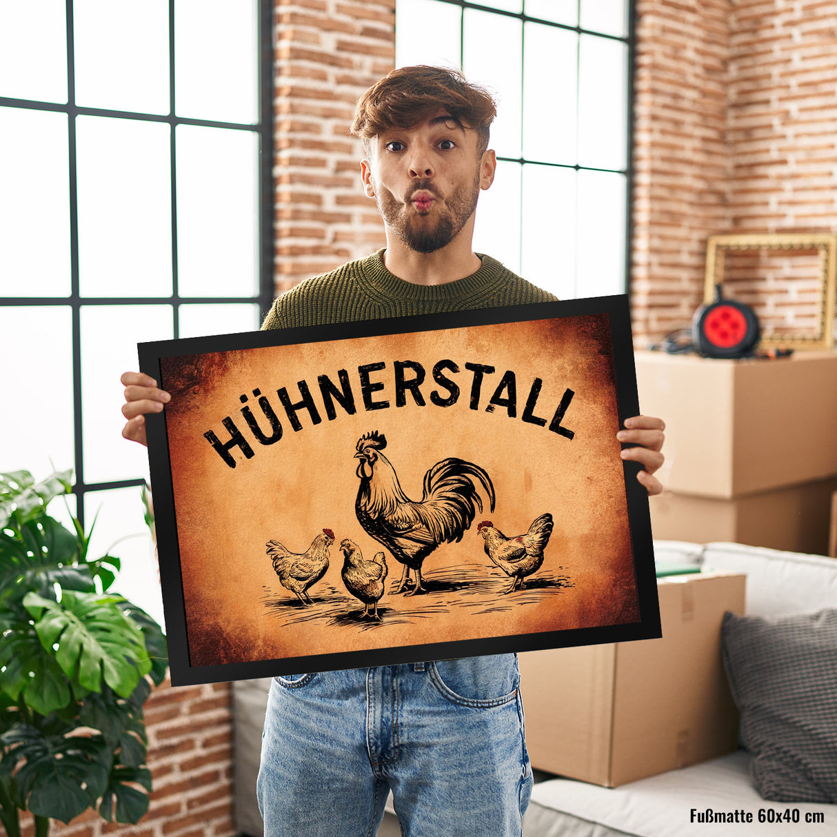 Hühnerstall Fußmatte in 35x50 cm mit Hahn und Hennen