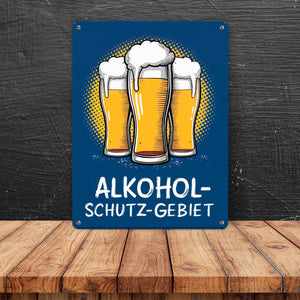 Alkohol-Schutzgebiet mit drei Biergläsern Metallschild in 15x20 cm