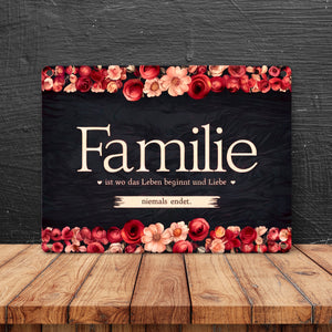 Familie Metallschild in 15x20 cm - Wo Leben beginnt und Liebe niemals endet