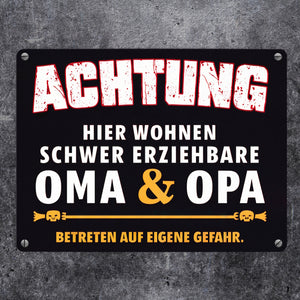 Schwer erziehbare Oma + Opa Metallschild in 15x20 cm