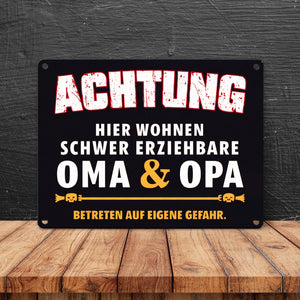 Schwer erziehbare Oma + Opa Metallschild in 15x20 cm