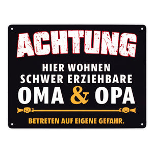 Schwer erziehbare Oma + Opa Metallschild in 15x20 cm