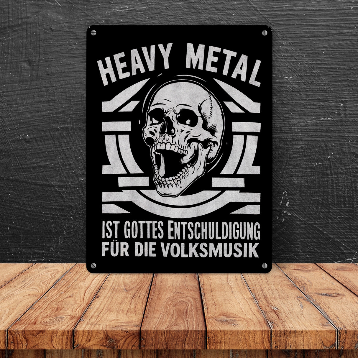 Heavy Metal statt Volksmusik Metallschild in 15x20 cm mit Totenkopf