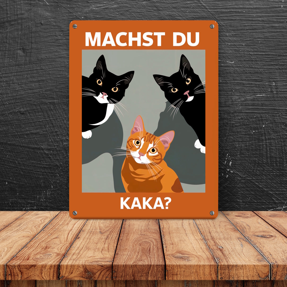 Drei neugierige Katzen Metallschild in 15x20 cm - Machst du Kaka?