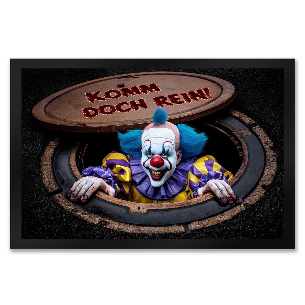 Horrorclown unter Kanaldeckel Fußmatte in 35x50 cm - Komm doch rein