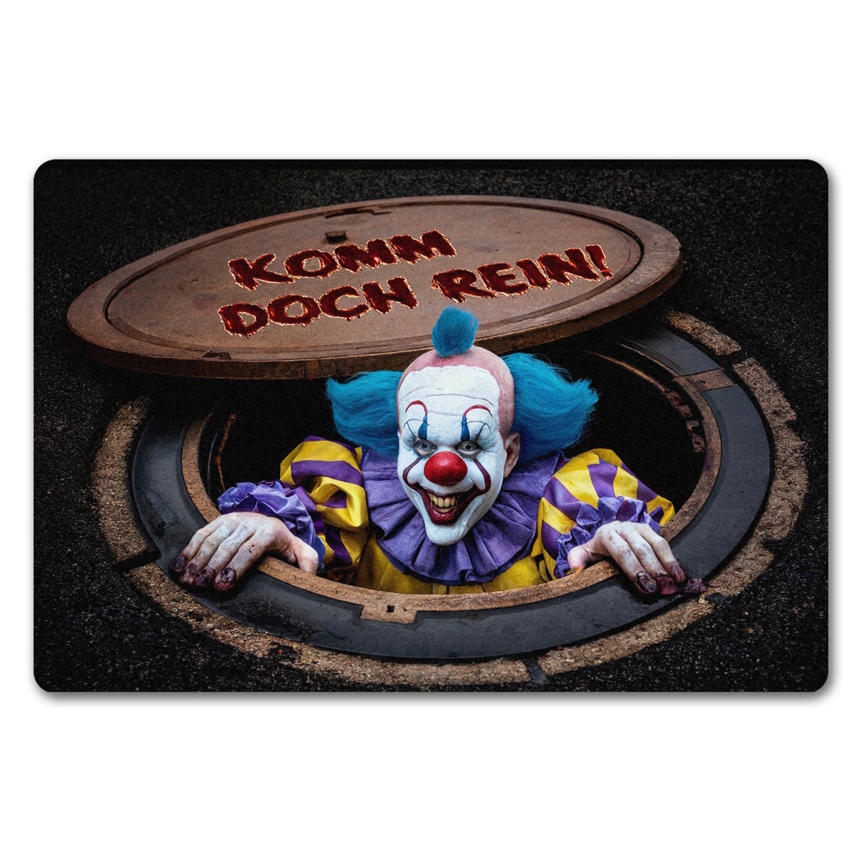 Horrorclown unter Kanaldeckel Fußmatte in 35x50 cm ohne Rand - Komm doch rein