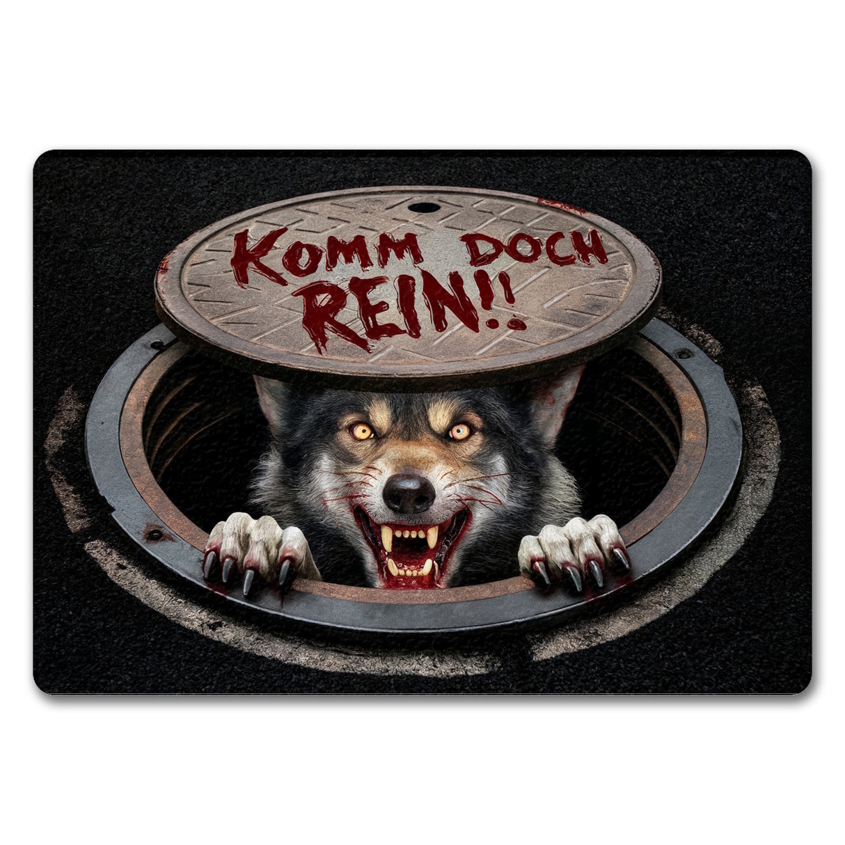 Werwolf unter Kanaldeckel Fußmatte in 35x50 cm ohne Rand - Komm doch rein