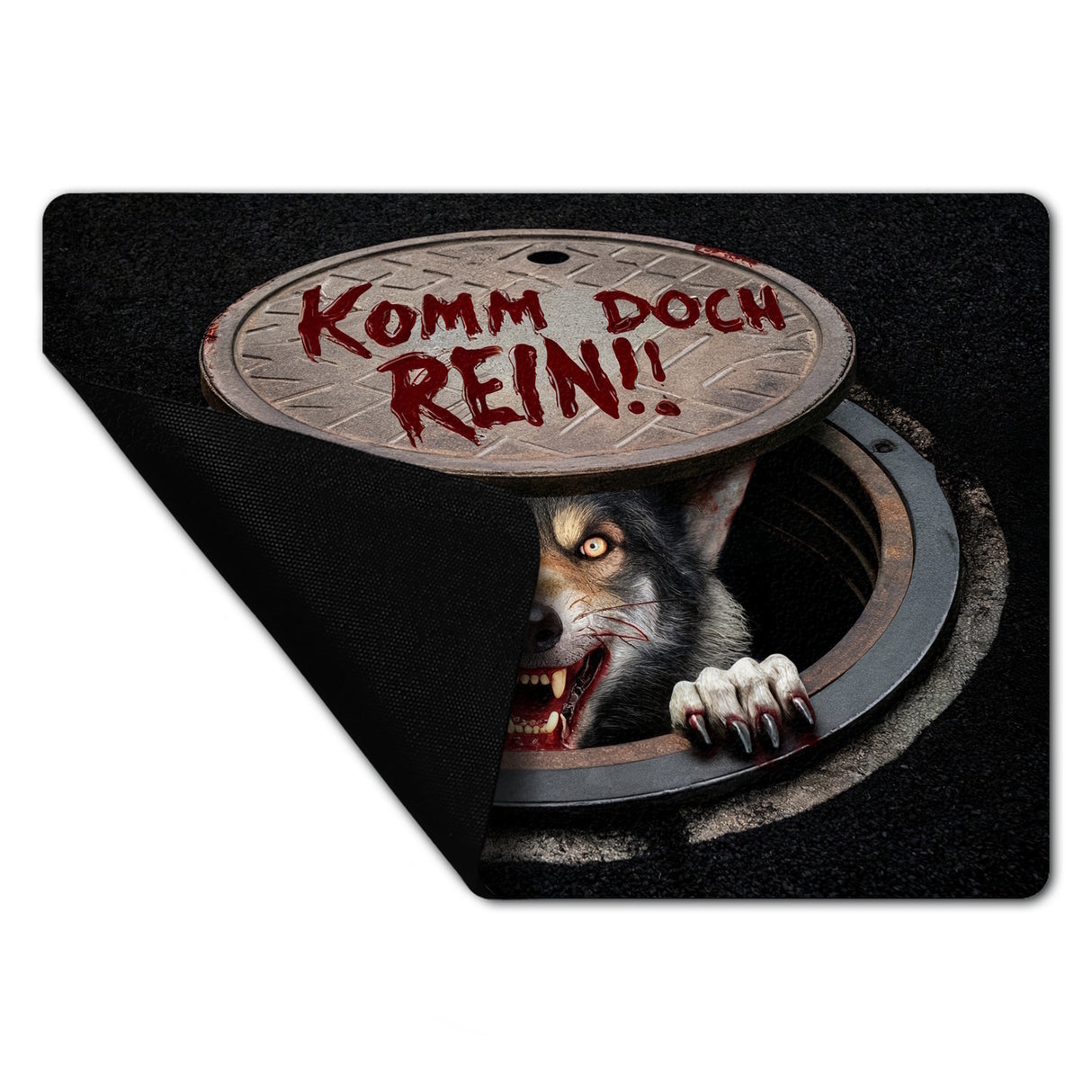 Werwolf unter Kanaldeckel Fußmatte in 35x50 cm ohne Rand - Komm doch rein