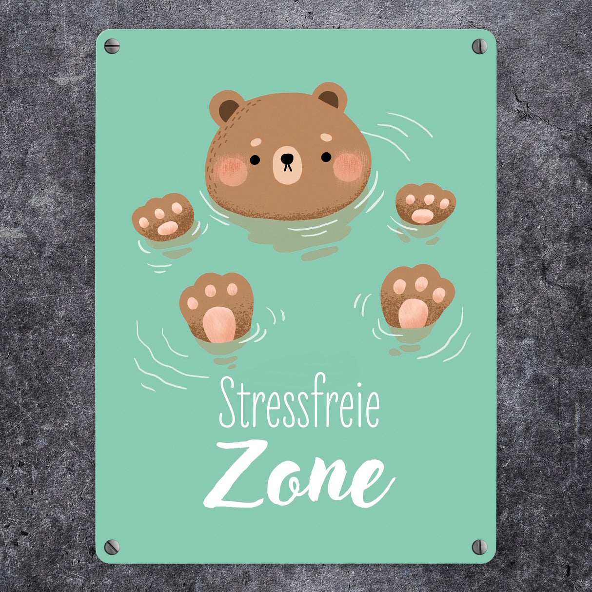 Bär im Wasser Metallschild in 15x20 cm mit Spruch Stressfreie Zone