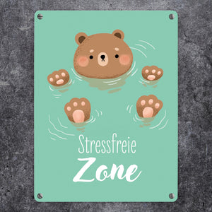 Bär im Wasser Metallschild in 15x20 cm mit Spruch Stressfreie Zone