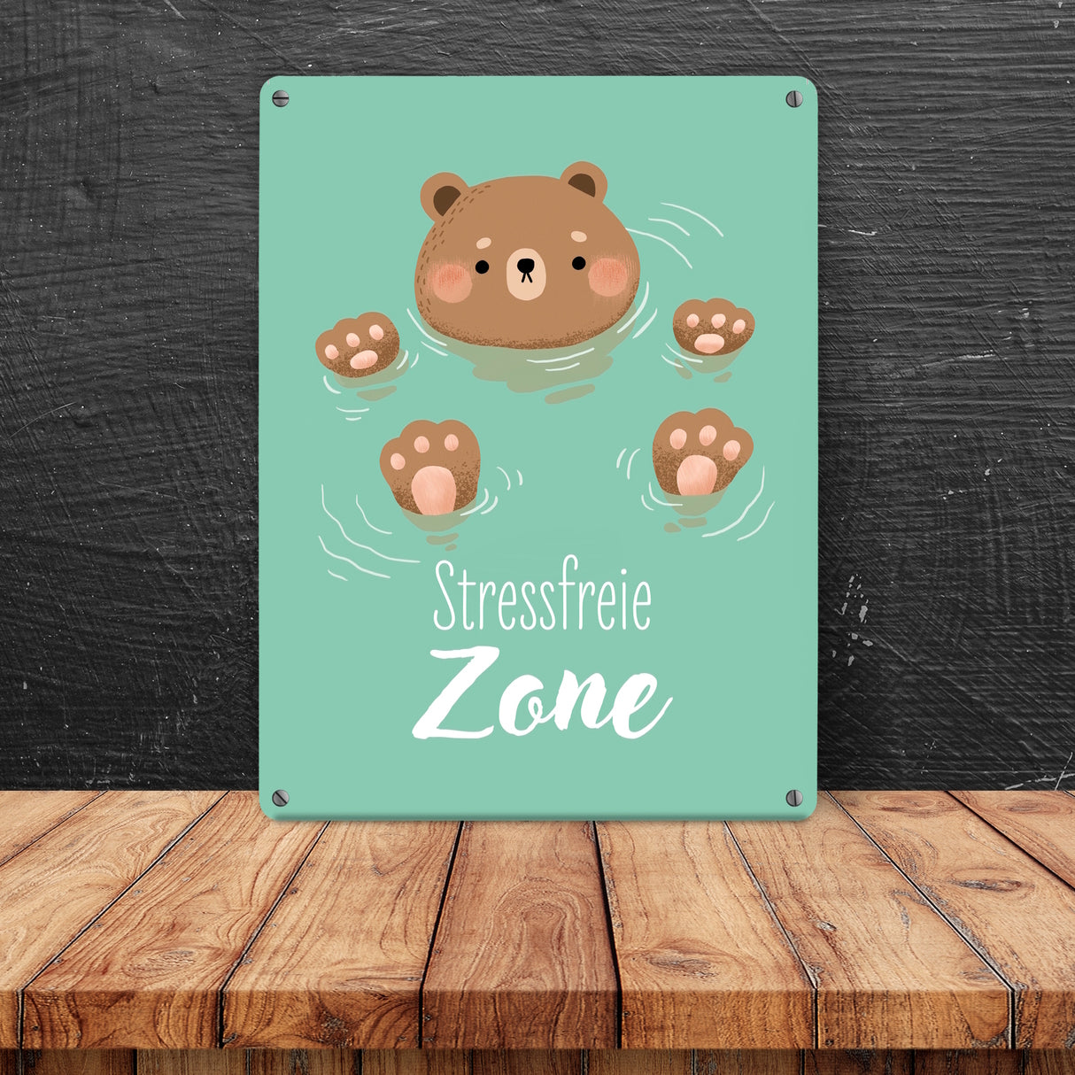 Bär im Wasser Metallschild in 15x20 cm mit Spruch Stressfreie Zone