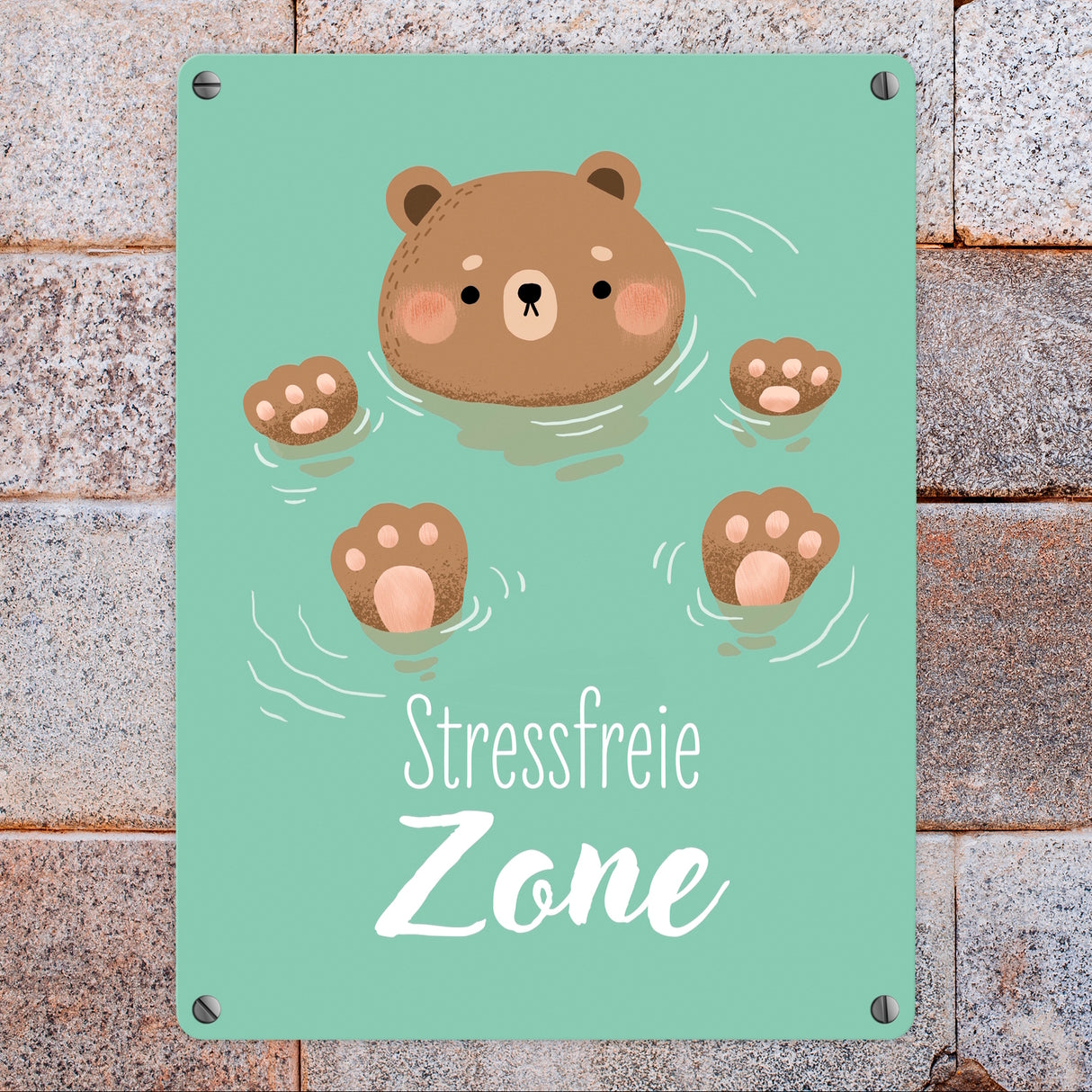 Bär im Wasser Metallschild in 15x20 cm mit Spruch Stressfreie Zone