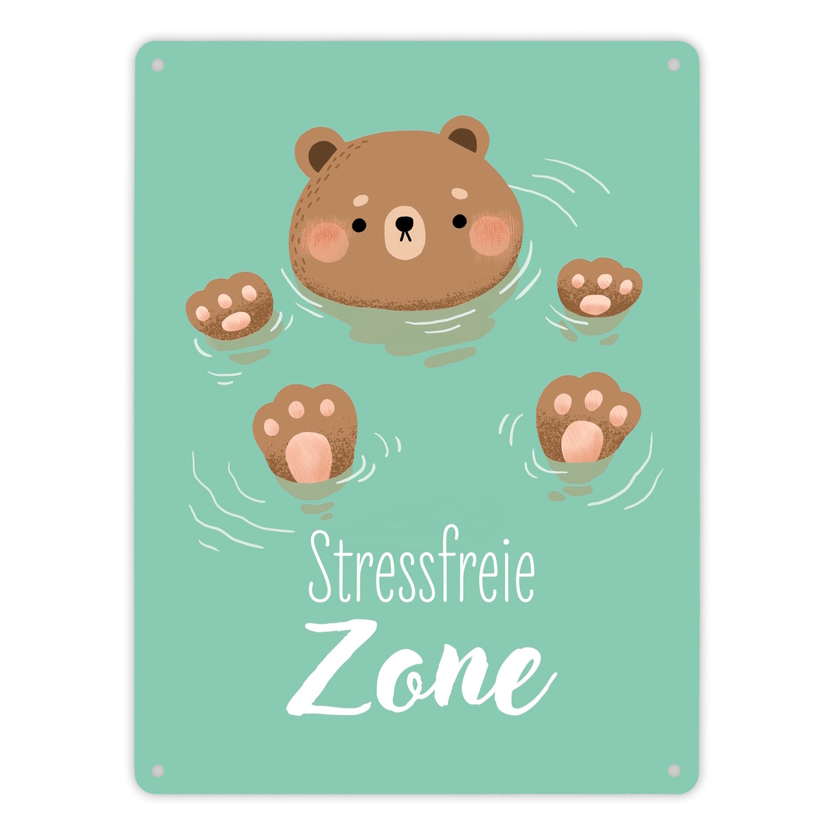 Bär im Wasser Metallschild in 15x20 cm mit Spruch Stressfreie Zone