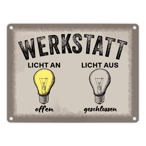 Öffnungszeiten Metallschild in 15x20 cm mit Spruch Werkstatt Licht an offen aus geschlossen