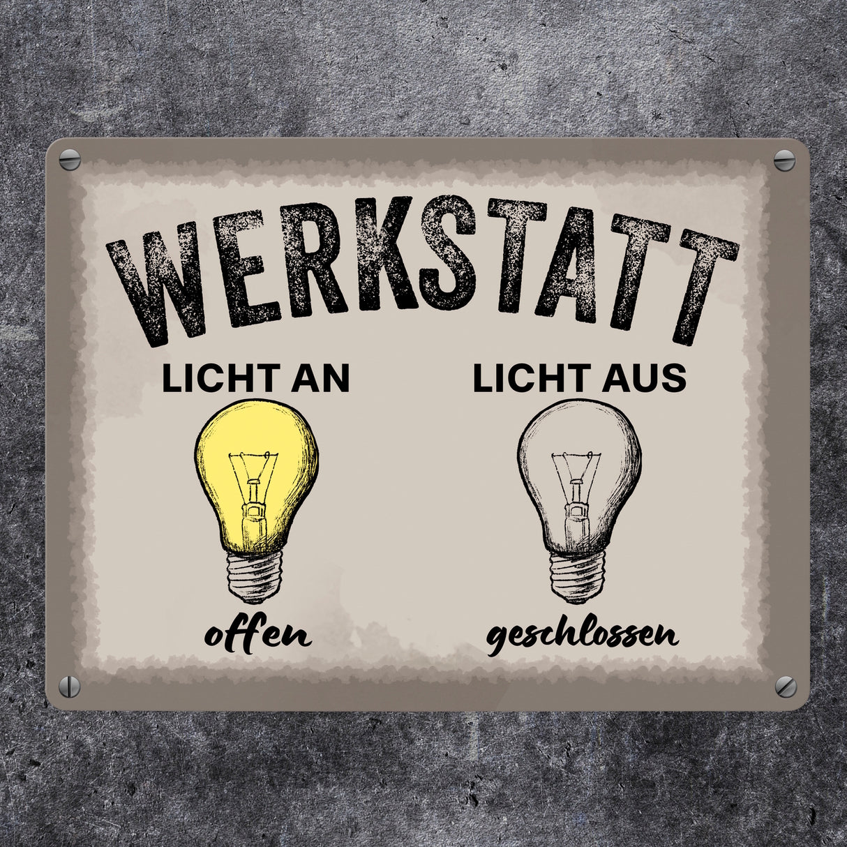 Öffnungszeiten Metallschild in 15x20 cm mit Spruch Werkstatt Licht an offen aus geschlossen