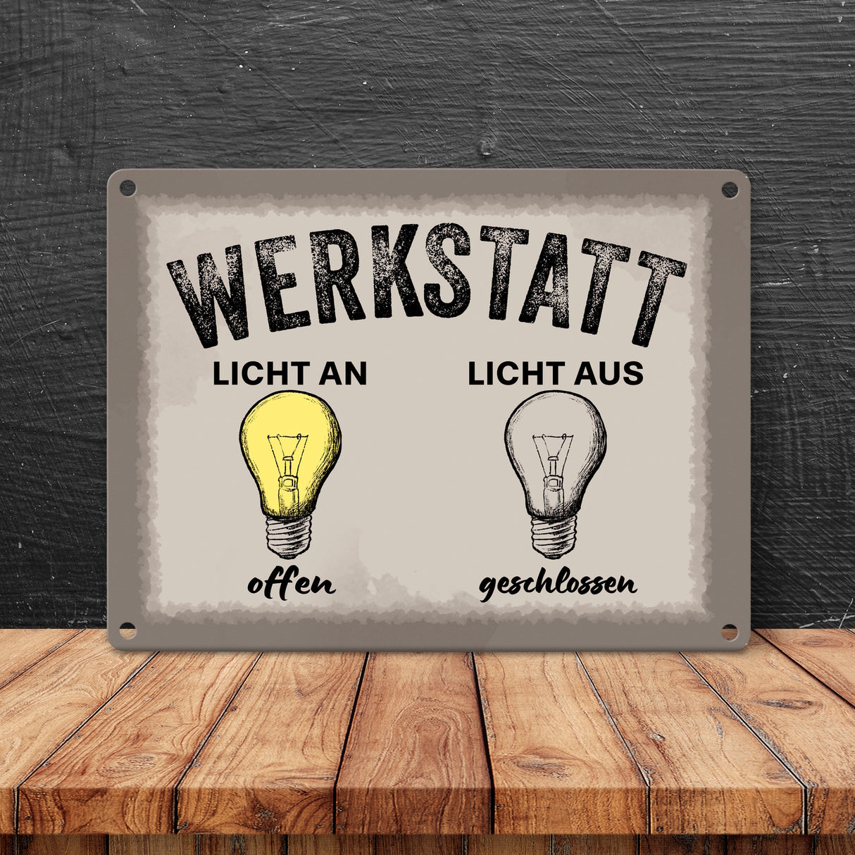 Öffnungszeiten Metallschild in 15x20 cm mit Spruch Werkstatt Licht an offen aus geschlossen