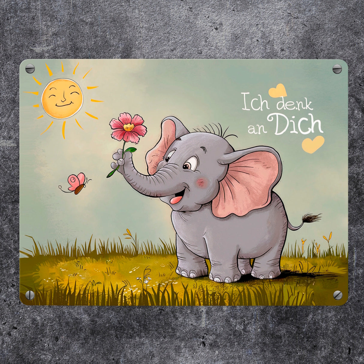 Cartoon-Elefant mit Blume - Metallschild in 15x20 cm - Ich denk an dich