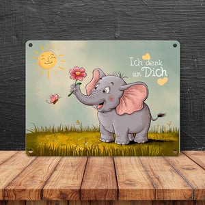 Cartoon-Elefant mit Blume - Metallschild in 15x20 cm - Ich denk an dich