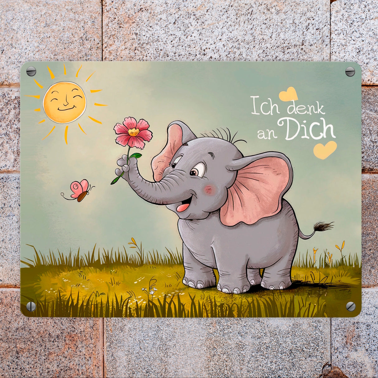 Cartoon-Elefant mit Blume - Metallschild in 15x20 cm - Ich denk an dich