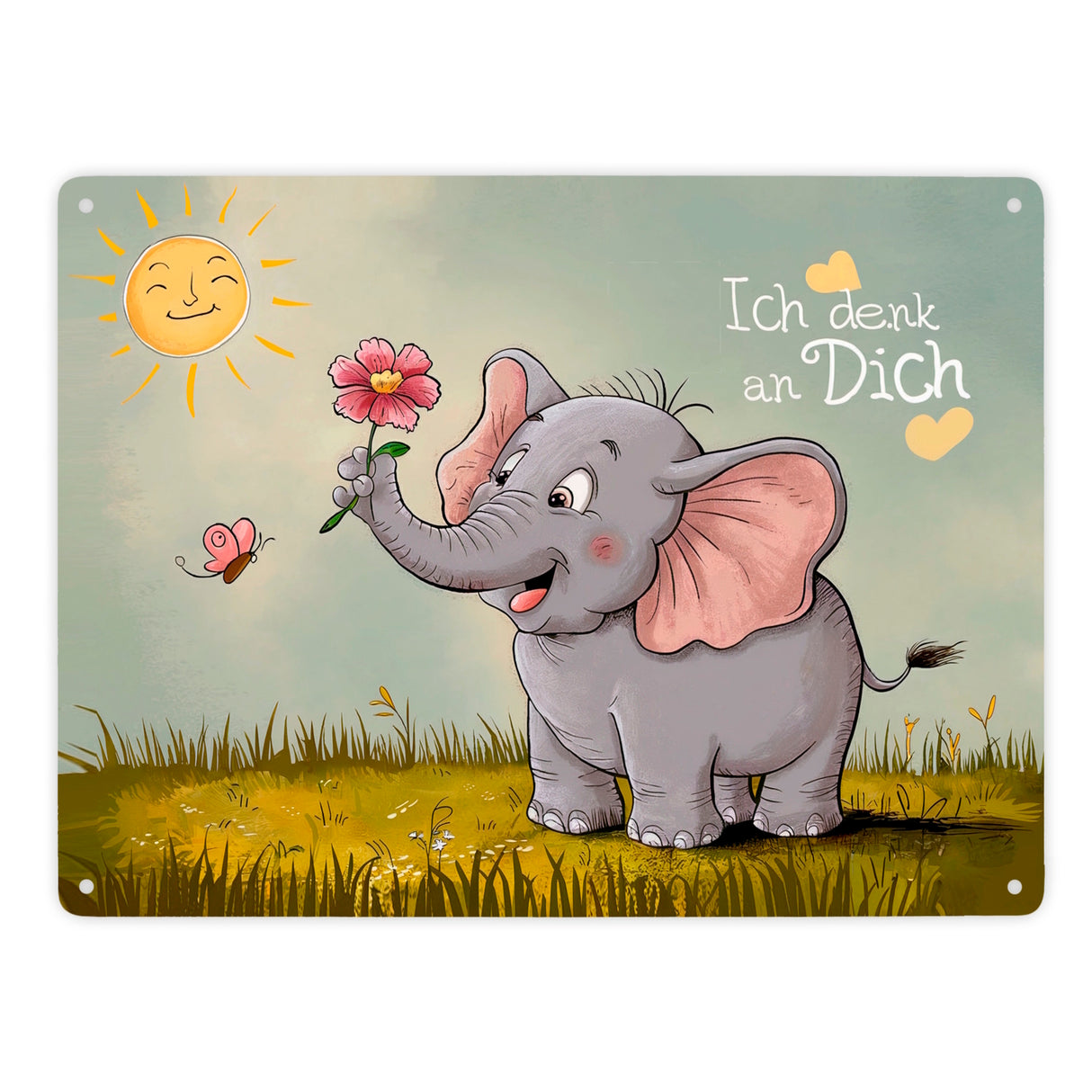 Cartoon-Elefant mit Blume - Metallschild in 15x20 cm - Ich denk an dich