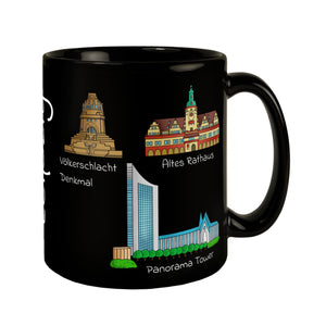 Leipzig Wahrzeichen Tasse in schwarz mit Text