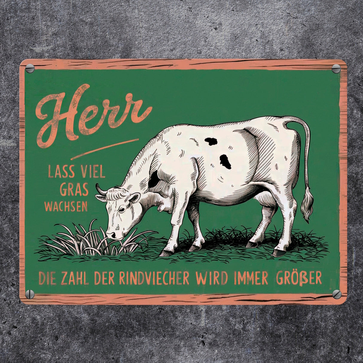 Weidende Kuh auf Gras Metallschild in 15x20 cm - Herr lass viel Gras wachsen