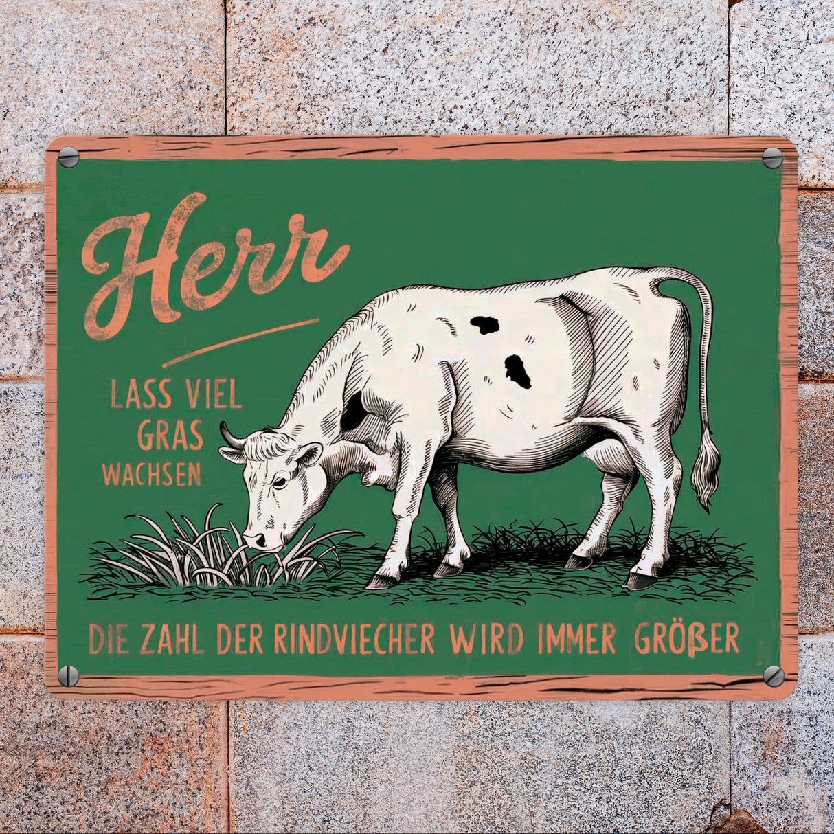 Weidende Kuh auf Gras Metallschild in 15x20 cm - Herr lass viel Gras wachsen