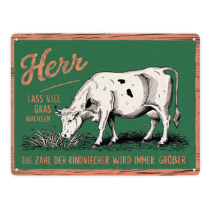 Weidende Kuh auf Gras Metallschild in 15x20 cm - Herr lass viel Gras wachsen