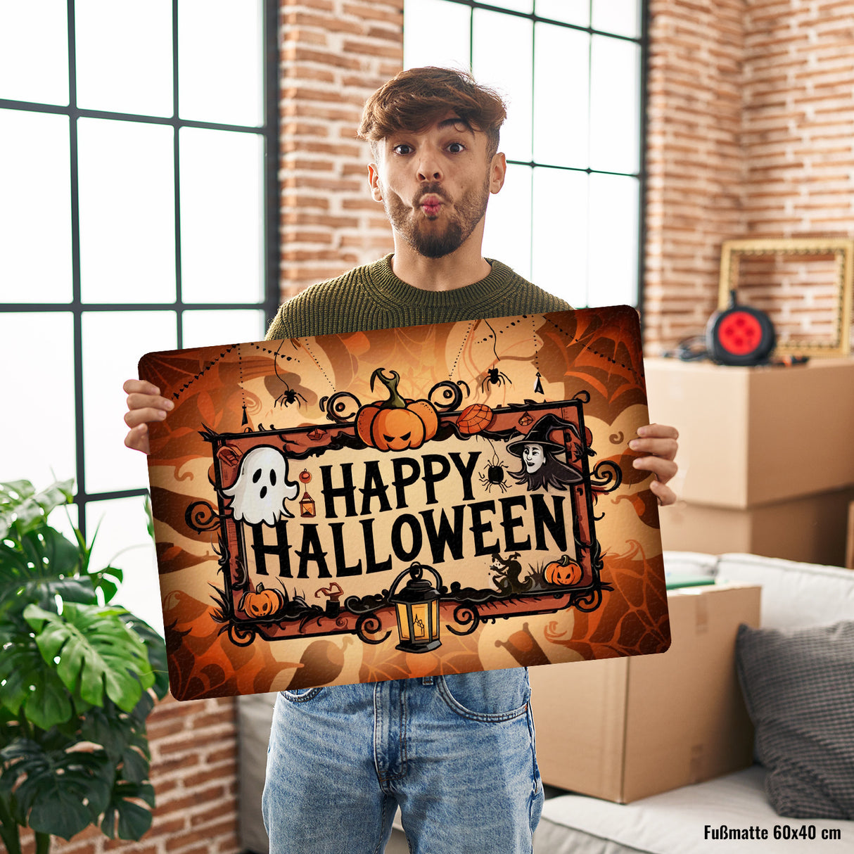 Happy Halloween Fußmatte in 35x50 cm ohne Rand mit Geistern und Laternen