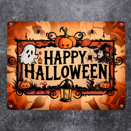 Happy Halloween Metallschild in 15x20 cm mit Geistern und Laternen