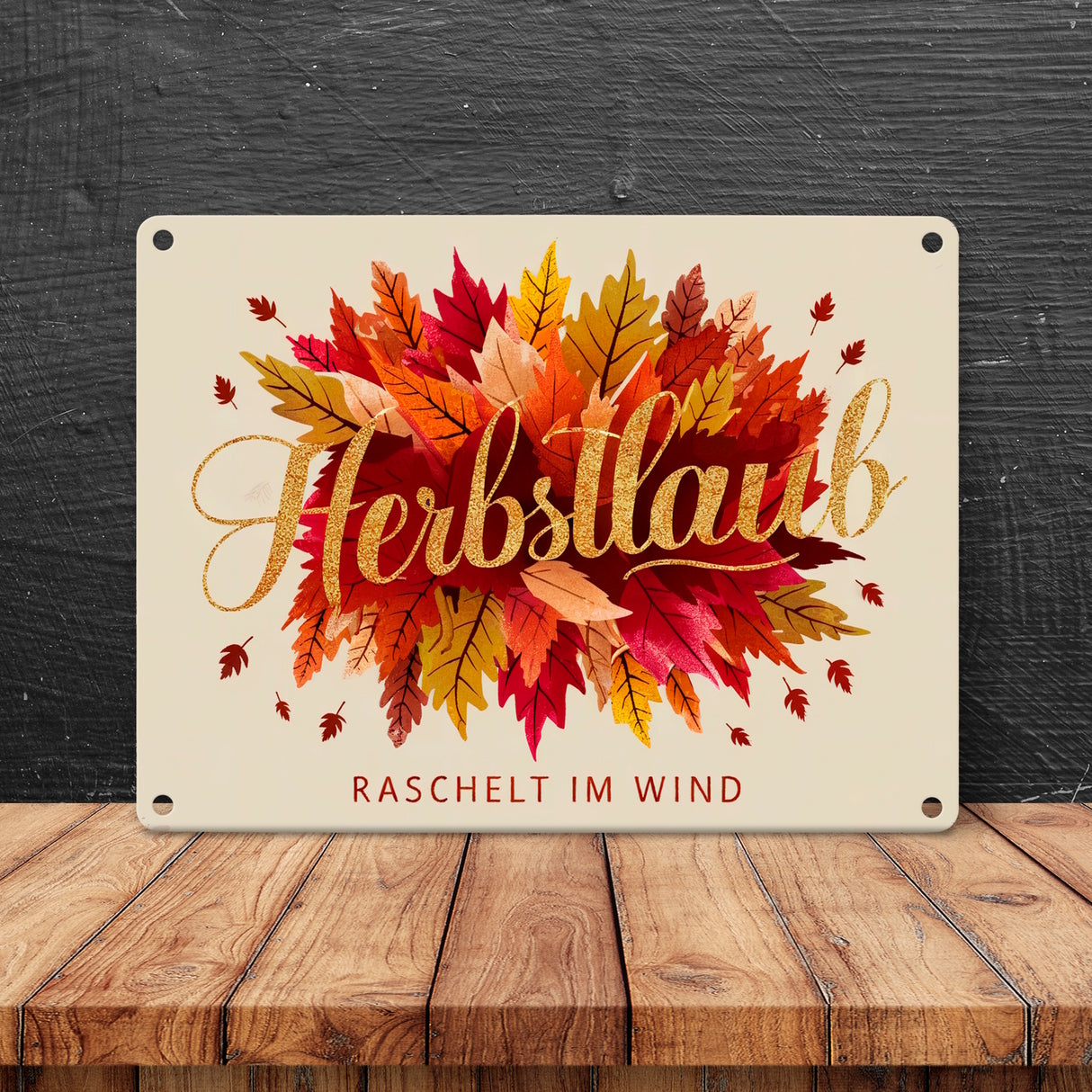 Bündel bunter Blätter Metallschild in 15x20 cm - Herbstlaub Raschelt im Wind