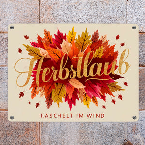 Bündel bunter Blätter Metallschild in 15x20 cm - Herbstlaub Raschelt im Wind