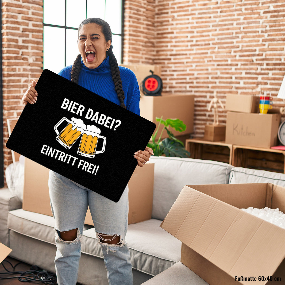 Bier dabei? Eintritt frei! Fußmatte in 35x50 cm ohne Rand mit prostenden Bierkrügen