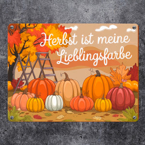 Herbstliche Landschaft mit Kürbissen Metallschild in 15x20 cm - Herbst ist Lieblingsfarbe