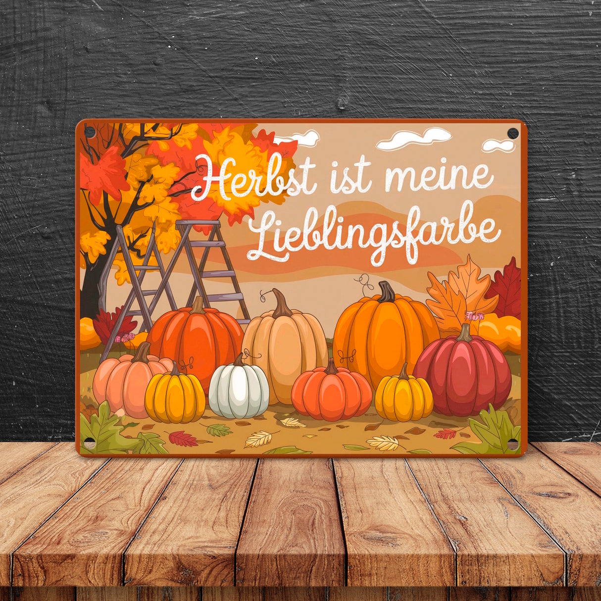 Herbstliche Landschaft mit Kürbissen Metallschild in 15x20 cm - Herbst ist Lieblingsfarbe