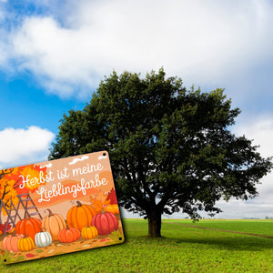 Herbstliche Landschaft mit Kürbissen Metallschild in 15x20 cm - Herbst ist Lieblingsfarbe