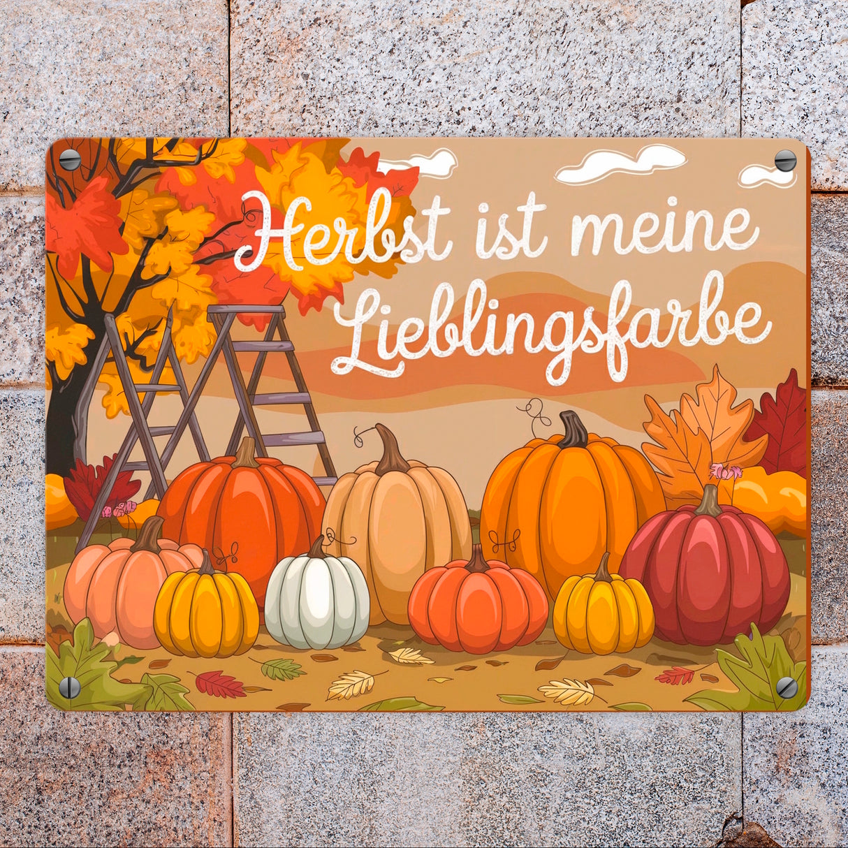 Herbstliche Landschaft mit Kürbissen Metallschild in 15x20 cm - Herbst ist Lieblingsfarbe