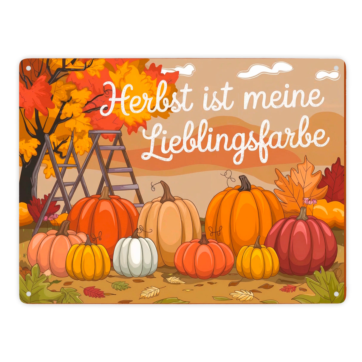 Herbstliche Landschaft mit Kürbissen Metallschild in 15x20 cm - Herbst ist Lieblingsfarbe