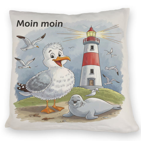 Fröhliche Möwe und Leuchtturm Kissen - MOIN MOIN