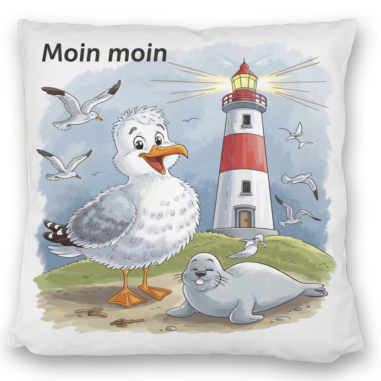 Fröhliche Möwe und Leuchtturm Kissen - MOIN MOIN