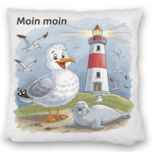 Fröhliche Möwe und Leuchtturm Kissen - MOIN MOIN