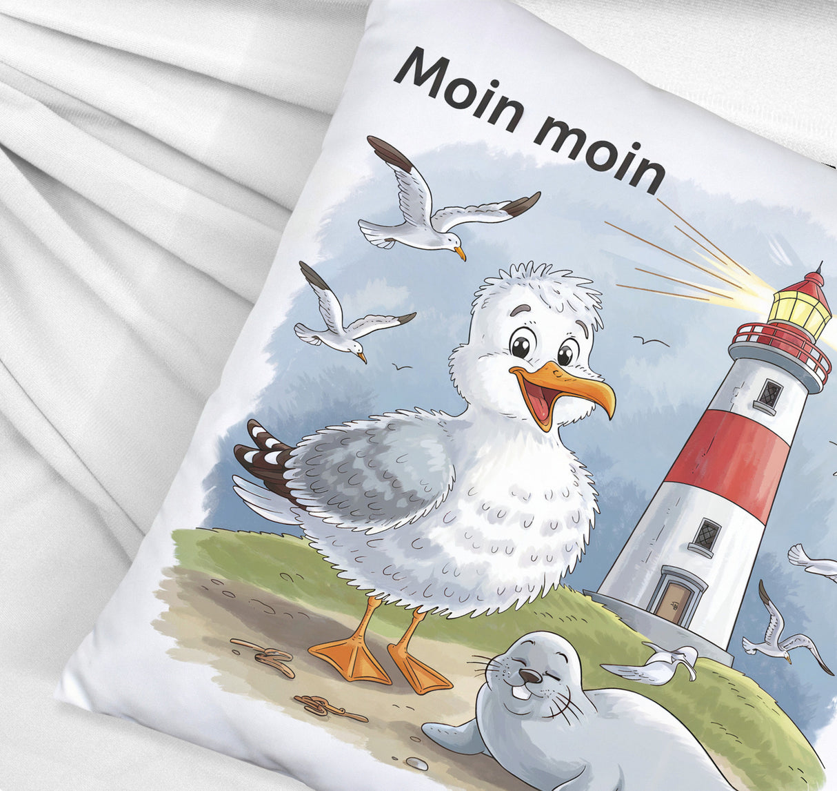 Fröhliche Möwe und Leuchtturm Kissen - MOIN MOIN