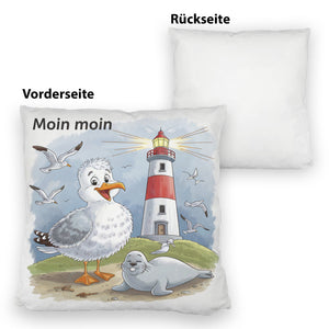 Fröhliche Möwe und Leuchtturm Kissen - MOIN MOIN