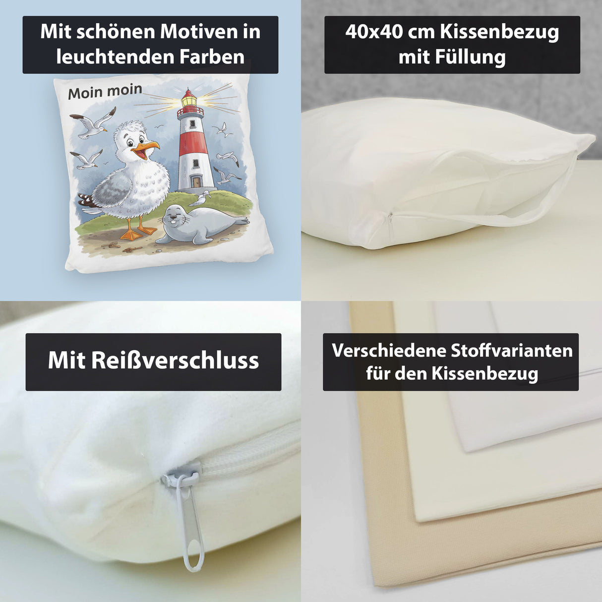 Fröhliche Möwe und Leuchtturm Kissen - MOIN MOIN