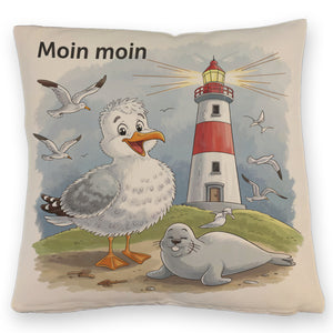 Fröhliche Möwe und Leuchtturm Kissen - MOIN MOIN