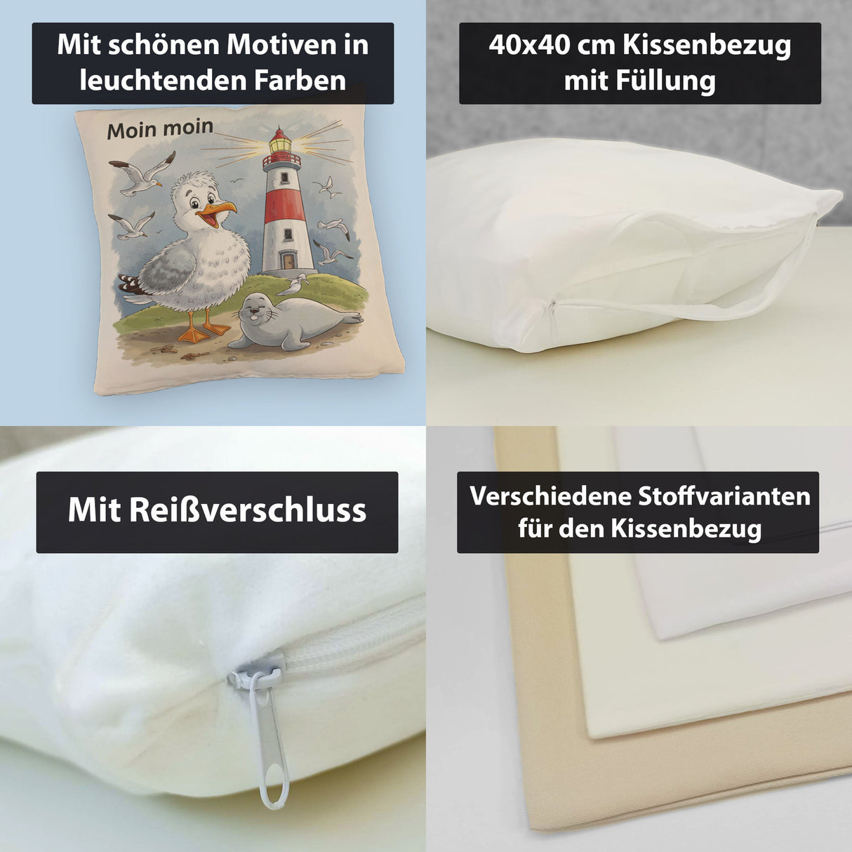 Fröhliche Möwe und Leuchtturm Kissen - MOIN MOIN